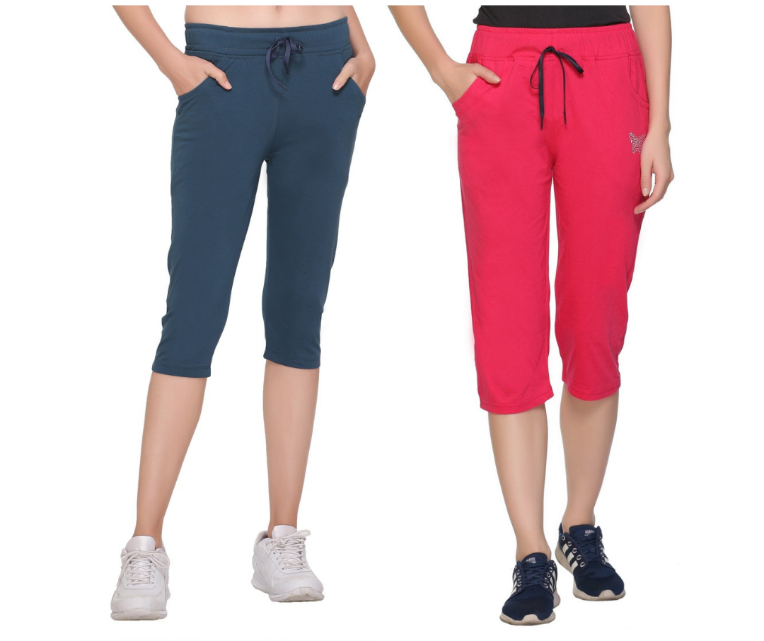 Buy Comfy Teal/Pink Half Cotton Capri Pants (Pack Of 2 )For Women