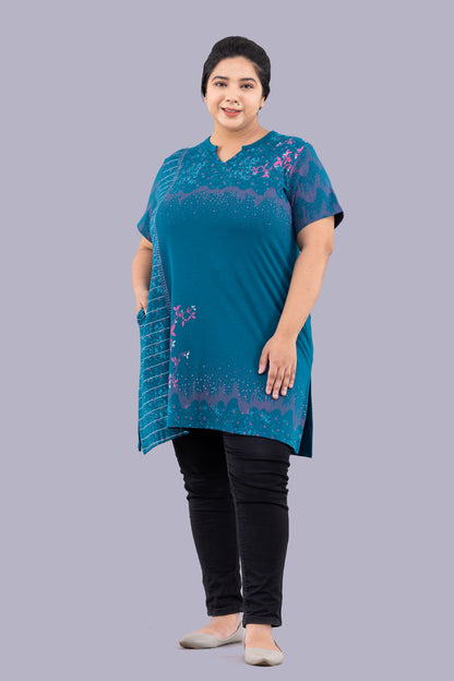 Stylish Teal Blue Printed Cotton Long Top(Half Sleeves) For Women online in India
