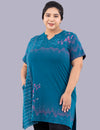 Plus Size Printed Long Tops For Women Half Sleeves - Teal Blue