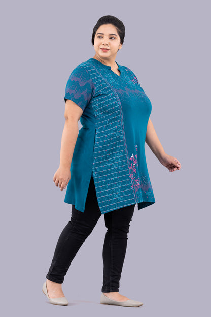 Stylish Teal Blue Printed Cotton Long Top(Half Sleeves) For Women online in India