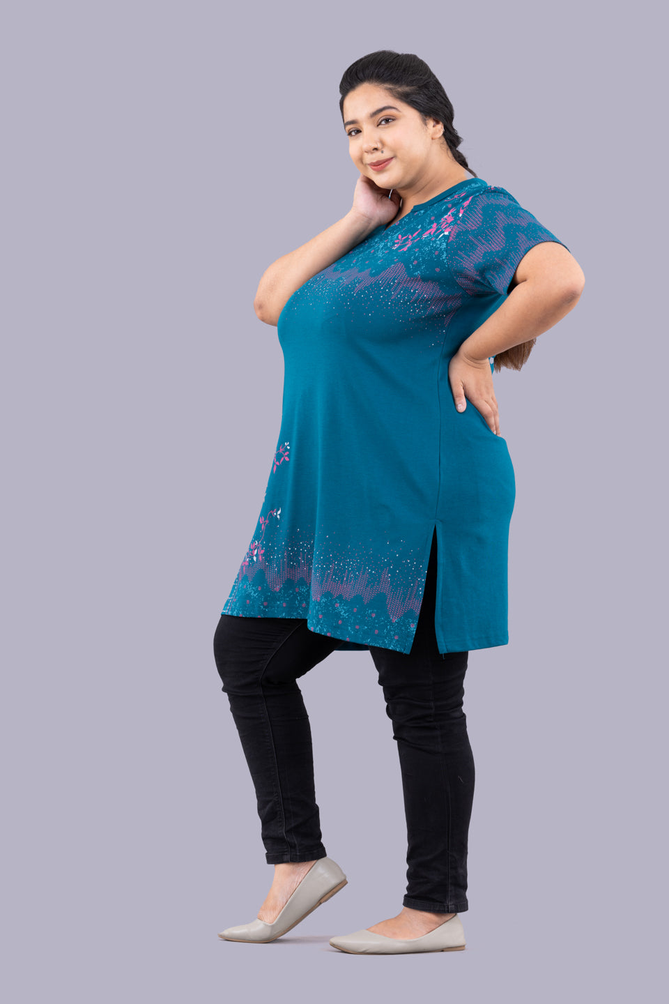 Stylish Plus Size Printed Long Tops For Women In Half Sleeves - Teal Blue At Online