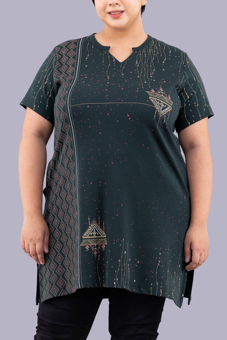 Stylish Green Printed Cotton Long Top(Half Sleeves) For Women online in India