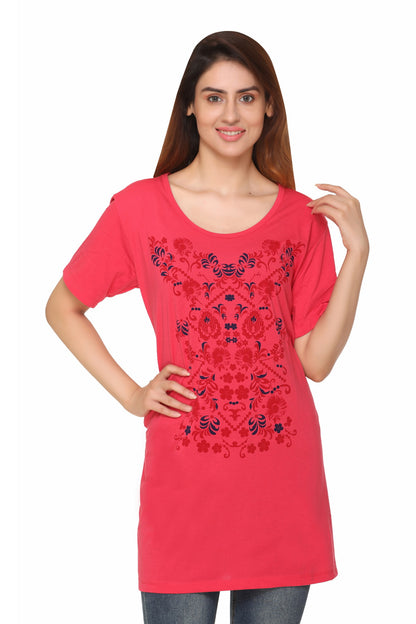 Plus Size Long T-shirt For Women - Half Sleeve - Punch Pink
