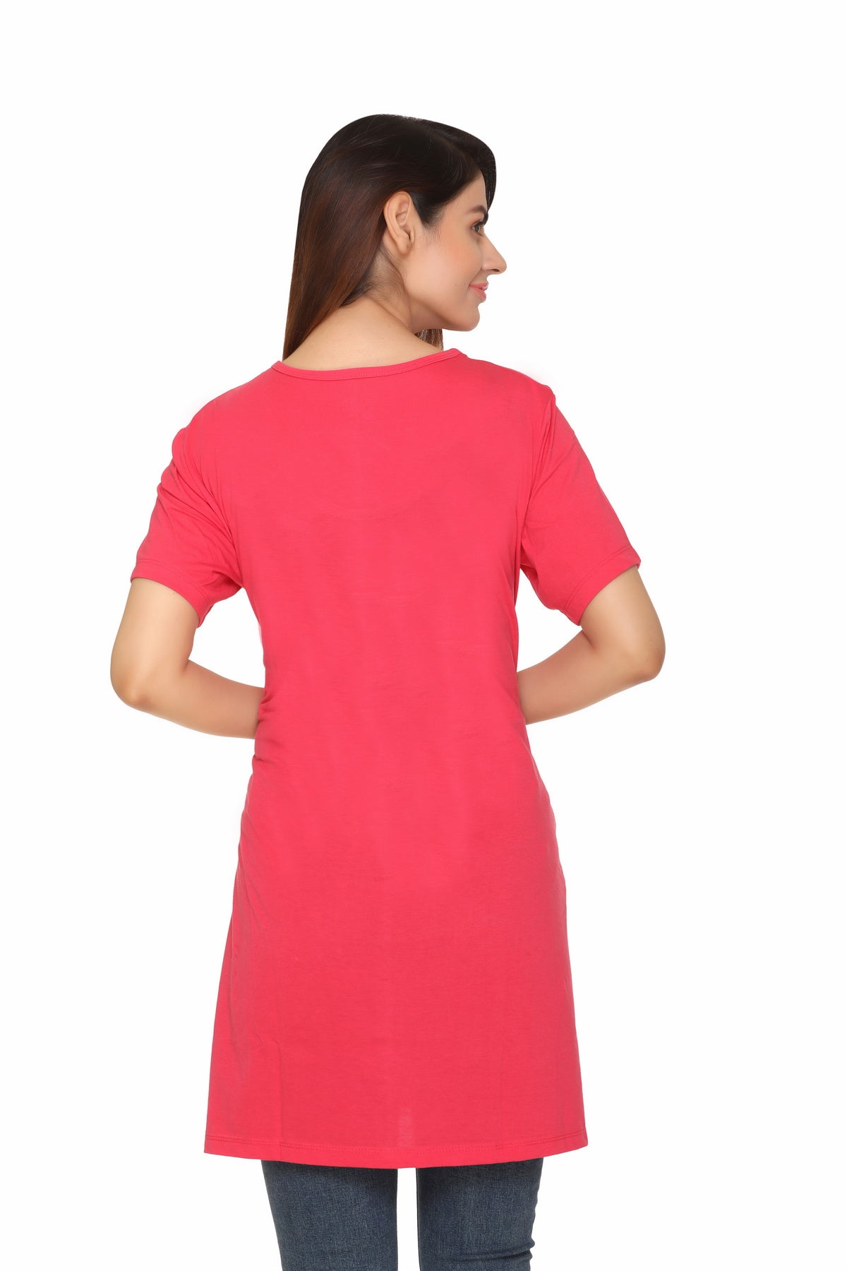 Plus Size Long T-shirt For Women - Half Sleeve - Punch Pink