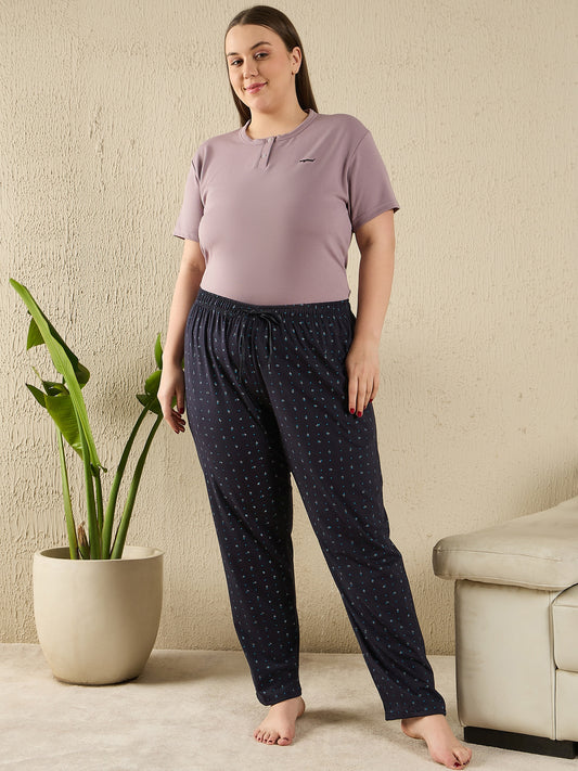 All Day/Night Printed Cotton Pajamas For Women - Navy Blue