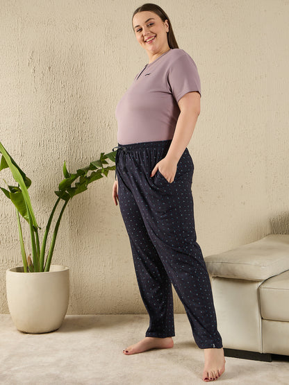 All Day - Night Printed Cotton Pajamas For Women - Navy Blue