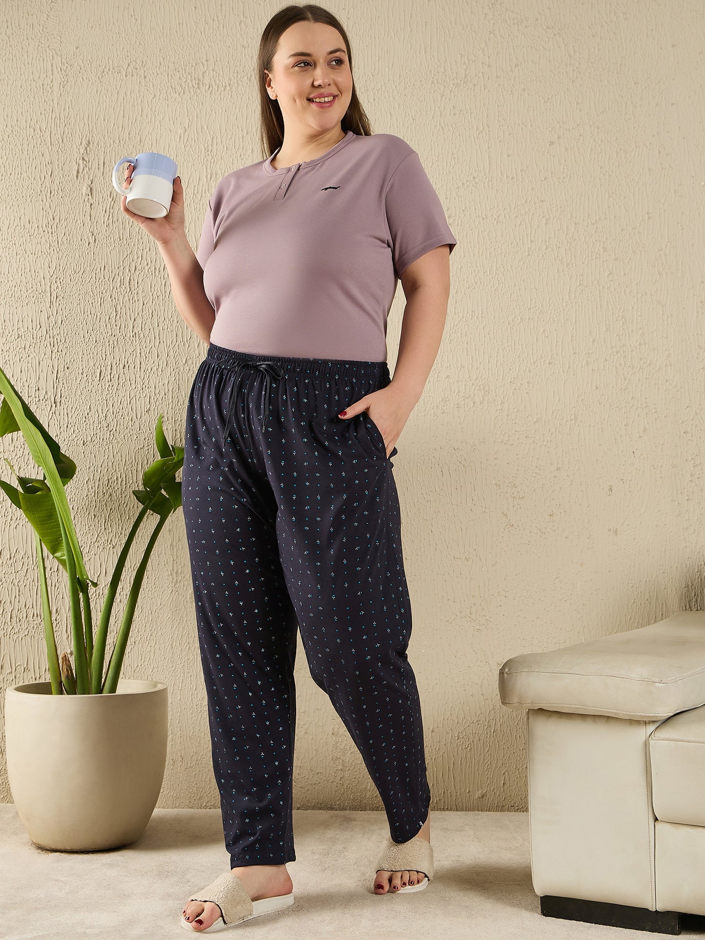 All Day - Night Printed Cotton Pajamas For Women - Navy Blue