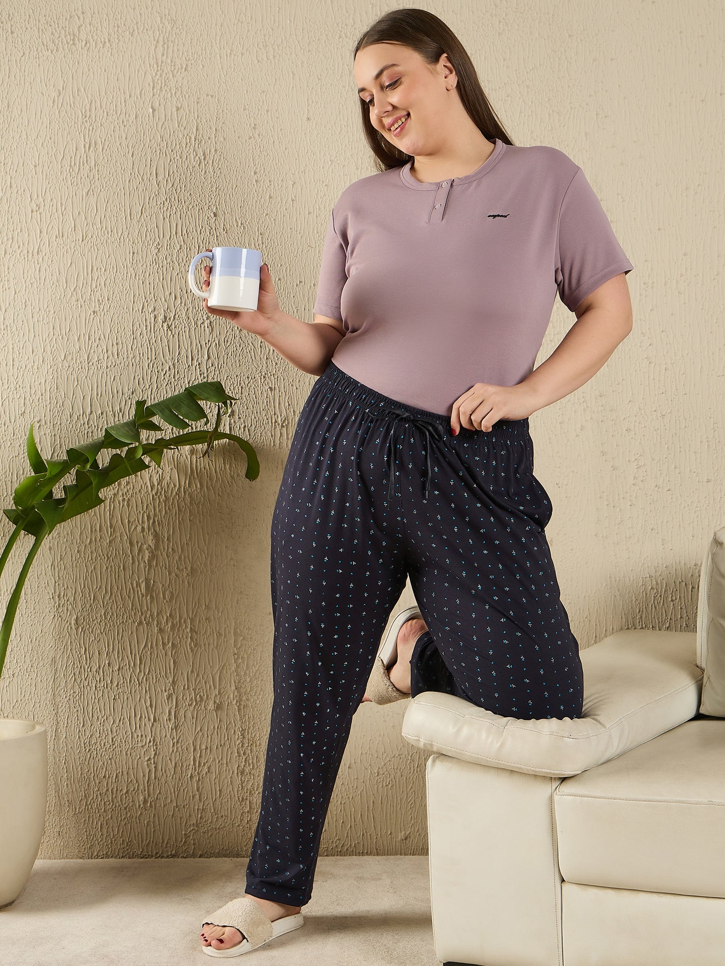 All Day - Night Printed Cotton Pajamas For Women - Navy Blue