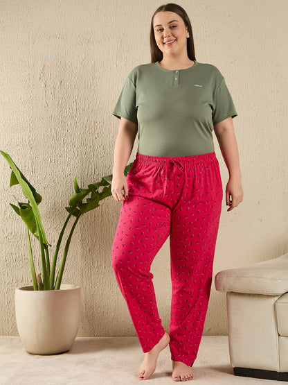 Cotton Printed Night Pants For Women - Pink