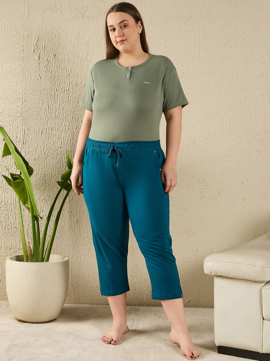 Cotton Capris For Women - Half Capri Pants - Teal Blue