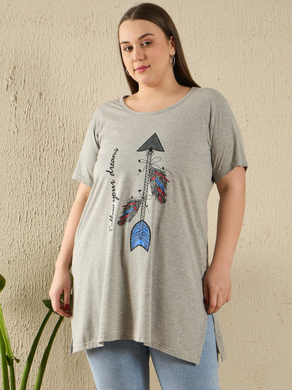 Plus Size Long T-shirt For Women - Half Sleeve - Grey