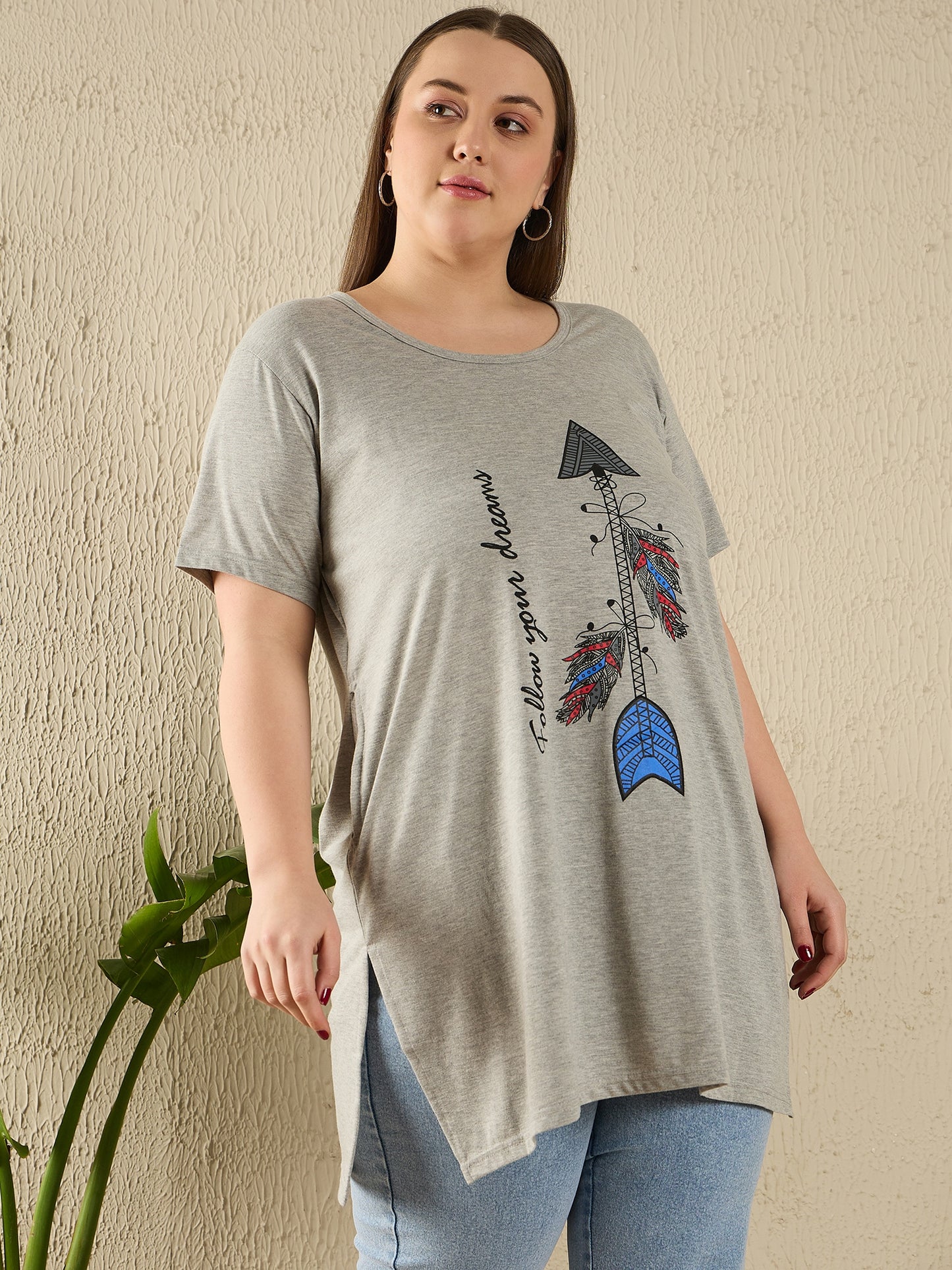 Plus Size Long T-shirt For Women - Half Sleeve - Grey