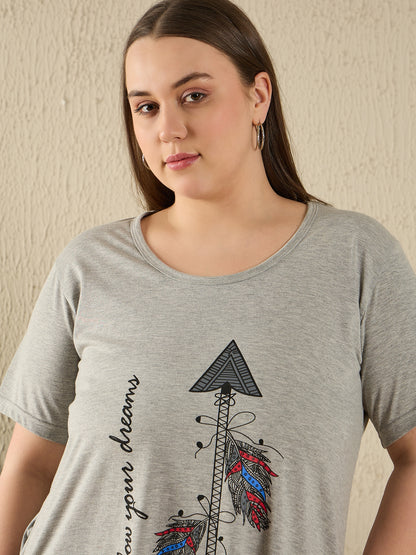 Plus Size Long T-shirt For Women - Half Sleeve - Grey