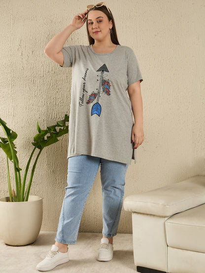 Plus Size Long T-shirt For Women - Half Sleeve - Grey