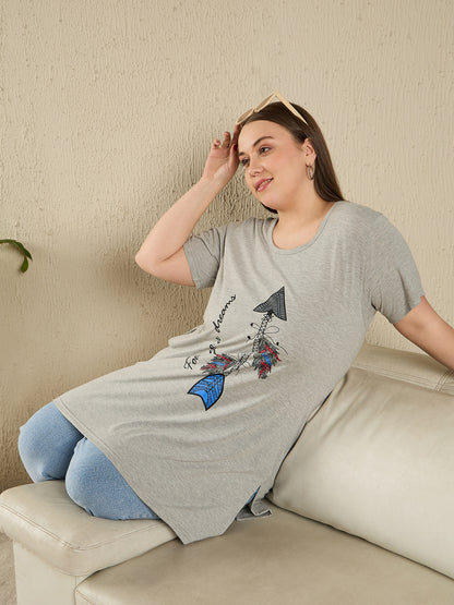 Plus Size Long T-shirt For Women - Half Sleeve - Grey