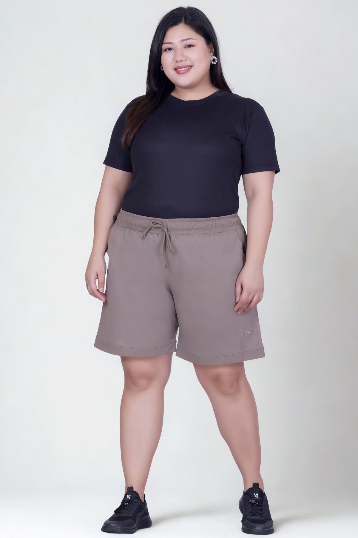 Women's High-Waisted Design Drawstring Waist Blended Regular Fit Shorts- Mocha