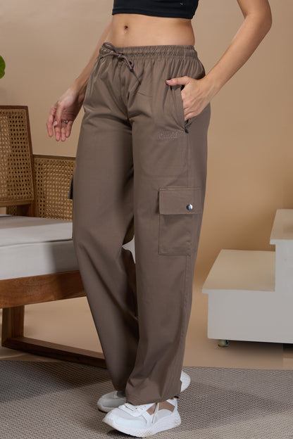 Women Smart Straight Fit Easy Wash Cotton Cargo Pants-Mocha