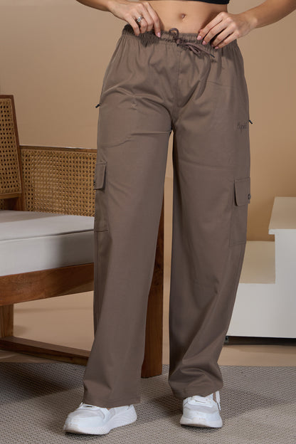 Women Smart Straight Fit Easy Wash Cotton Cargo Pants-Mocha