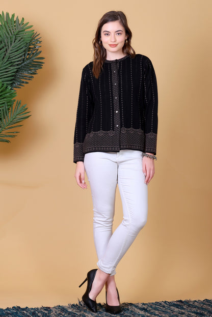 Jacquard Knit Warm Woollen Cardigan - Black