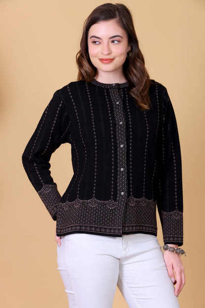 Fancy Jacquard Knit Cardigan -Black
