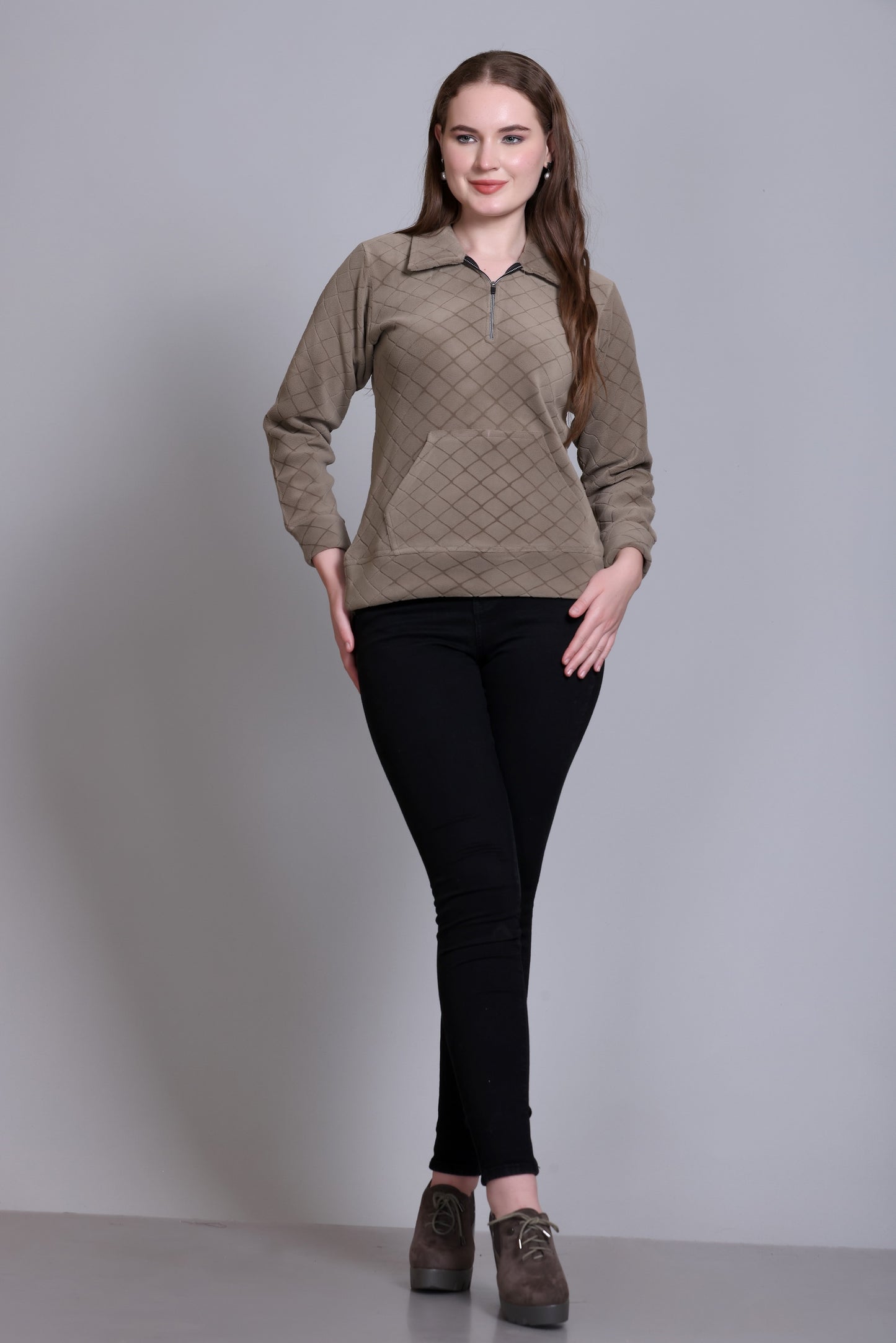 Winter Wear Cotton Fleece Teddy Sweatshirt-Dark Beige