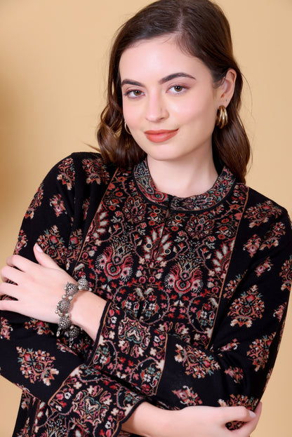 Black Jacquard Knit Warm Patterned Cardigan