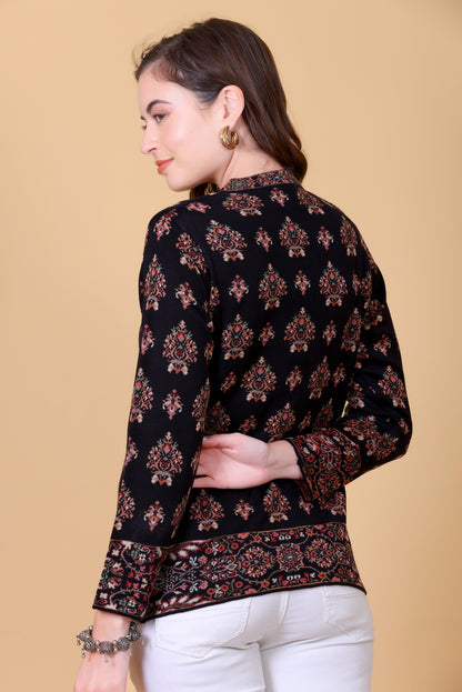 Black Jacquard Knit Warm Patterned Cardigan