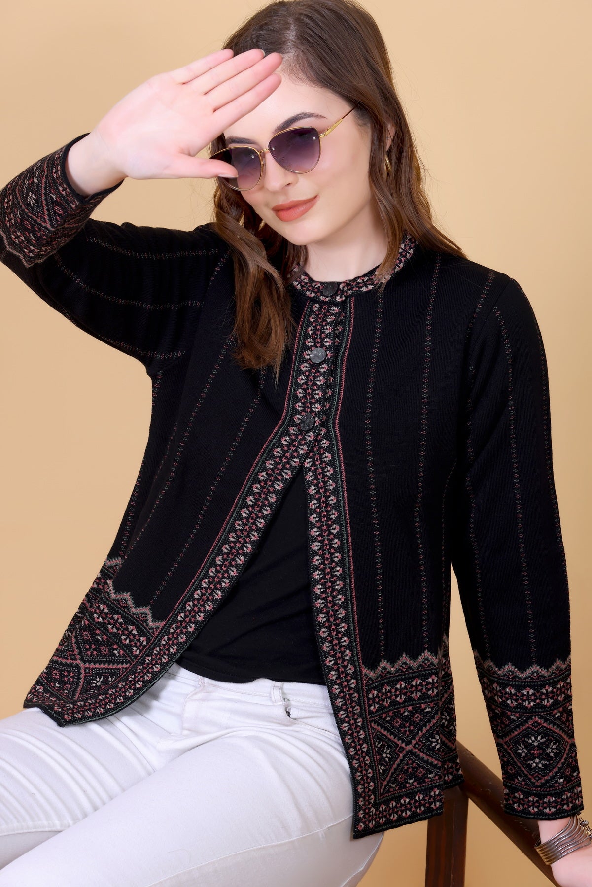 Jacquard Knit Warm Woollen Cardigan - Black