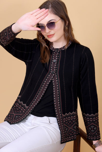 Jacquard Knit Warm Woollen Cardigan - Black