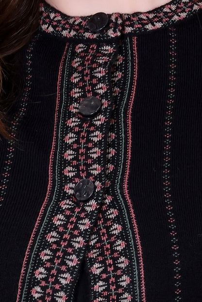 Jacquard Knit Warm Woollen Cardigan - Black