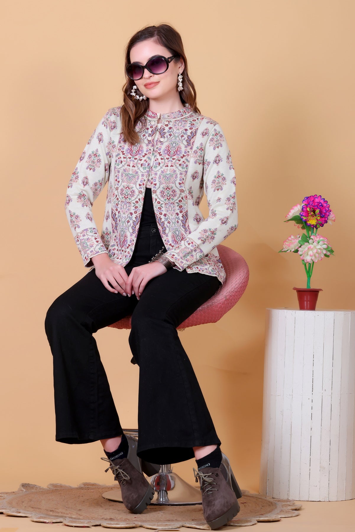 Jacquard Knit Warm Woollen Cardigan - Off White