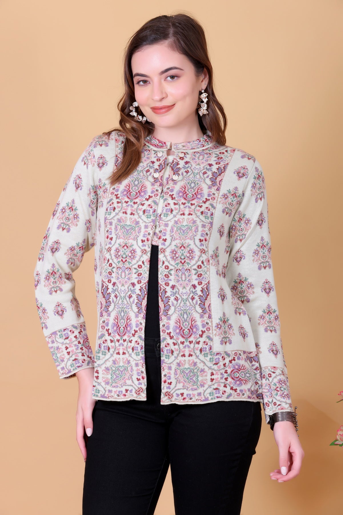 Jacquard Knit Warm Woollen Cardigan - Off White