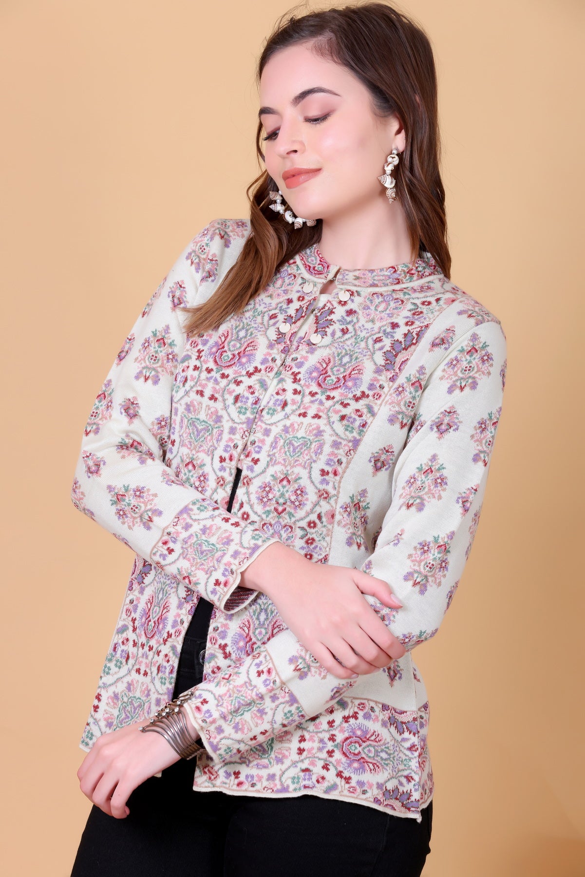 Jacquard Knit Warm Woollen Cardigan - Off White