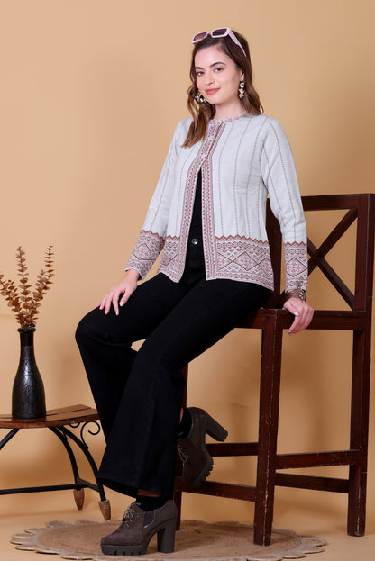 Jacquard Knit Warm Woollen Cardigan - White