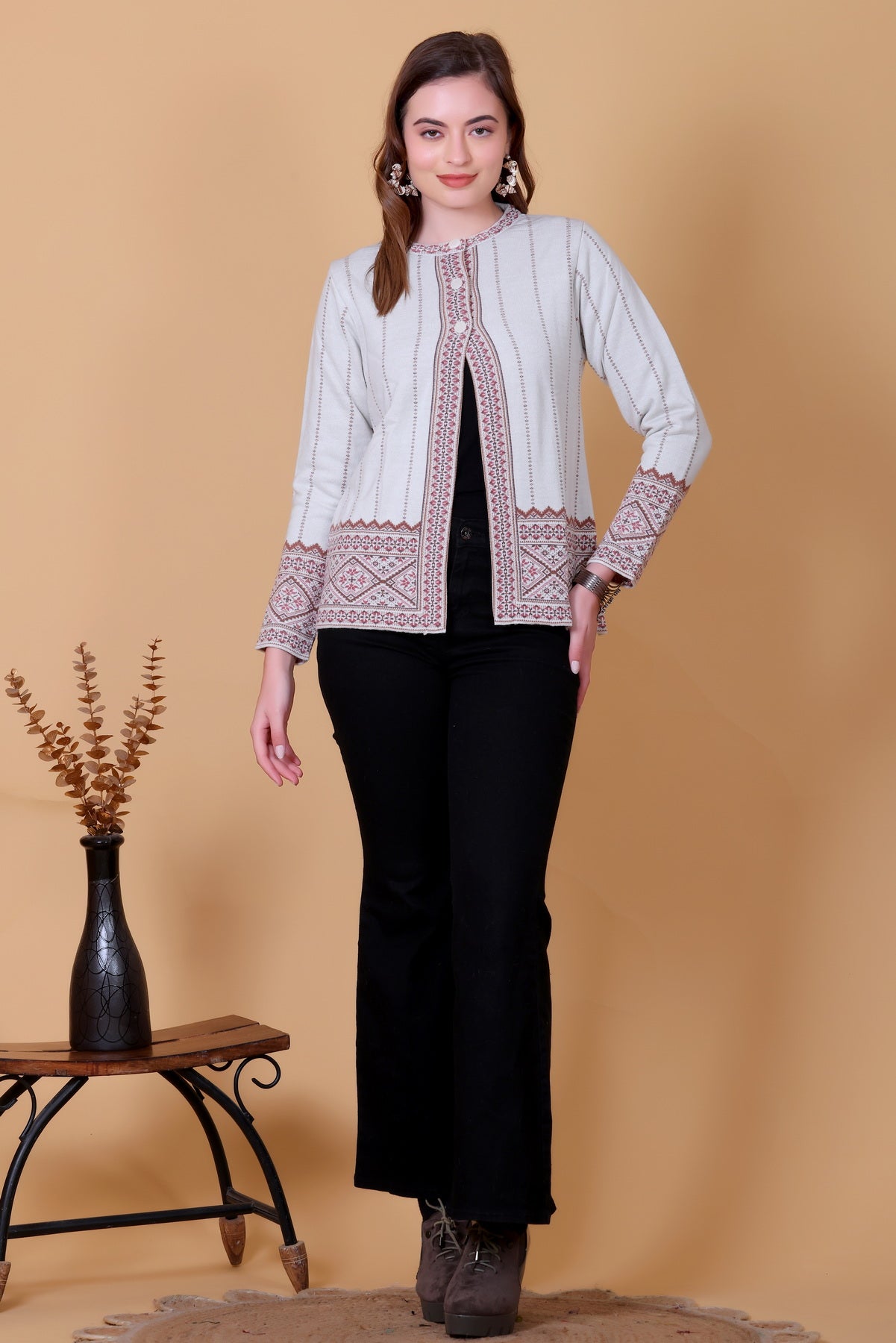Jacquard Knit Warm Woollen Cardigan - White