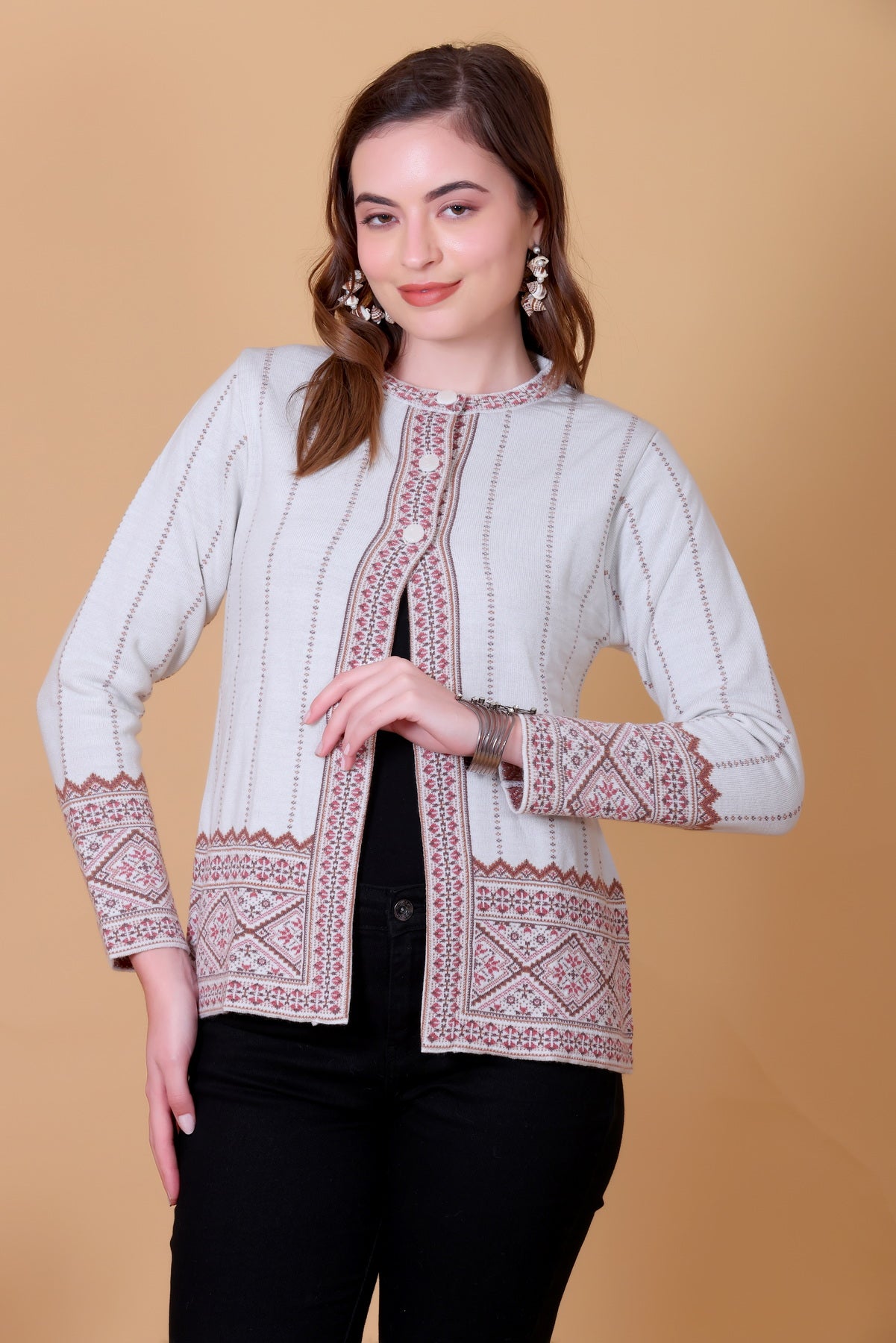 Jacquard Knit Warm Woollen Cardigan - White