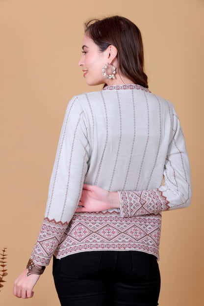 Jacquard Knit Warm Woollen Cardigan - White