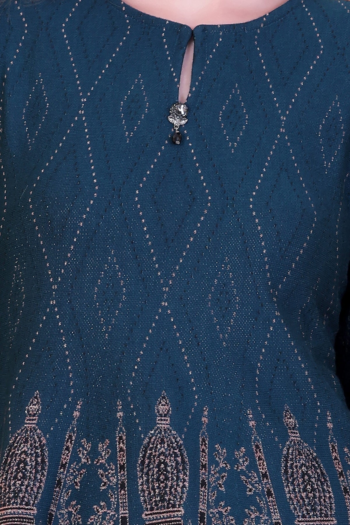 Elegant Teal Blue Knitted Woolen Winter Co-ord Set for Women | Diamond Knit Top & Bottom with Intricate Border Design