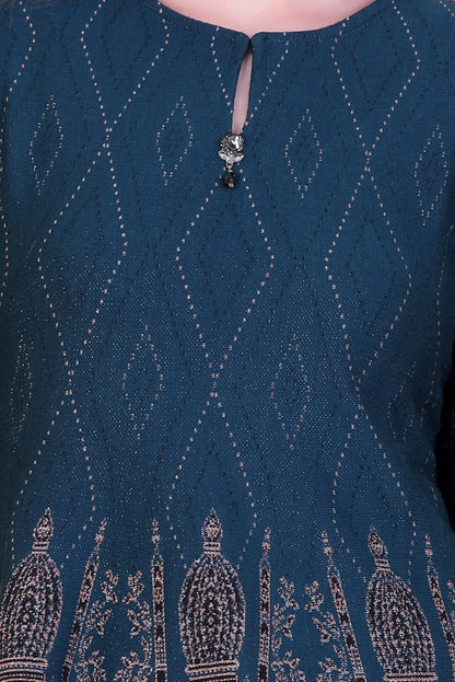 Elegant Teal Blue Knitted Woolen Winter Co-ord Set for Women | Diamond Knit Top & Bottom with Intricate Border Design