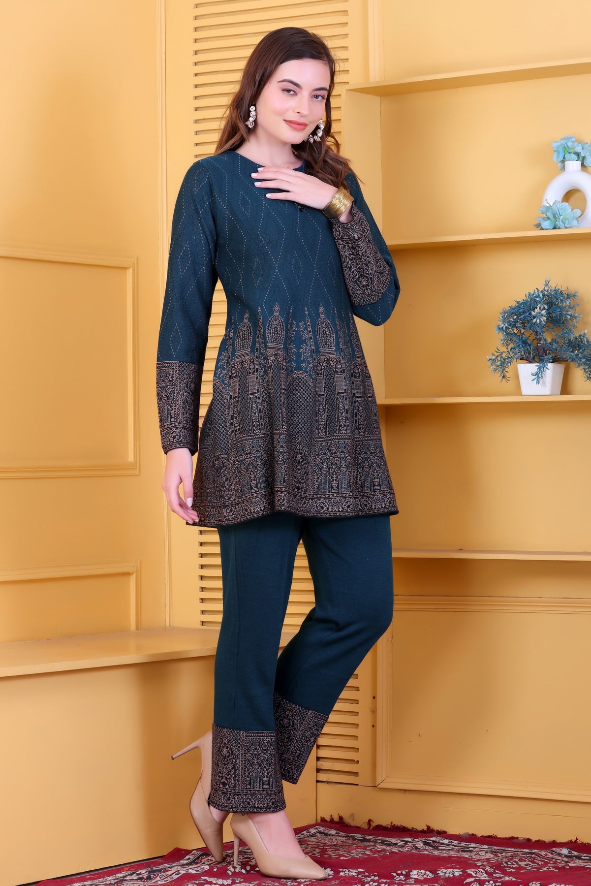 Elegant Teal Blue Knitted Woolen Winter Co-ord Set for Women | Diamond Knit Top & Bottom with Intricate Border Design