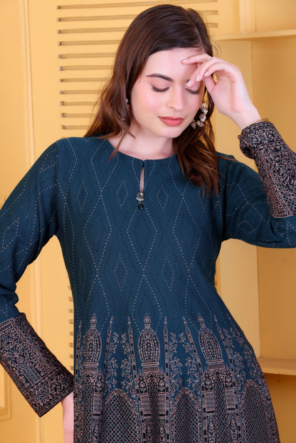 Elegant Teal Blue Knitted Woolen Winter Co-ord Set for Women | Diamond Knit Top & Bottom with Intricate Border Design