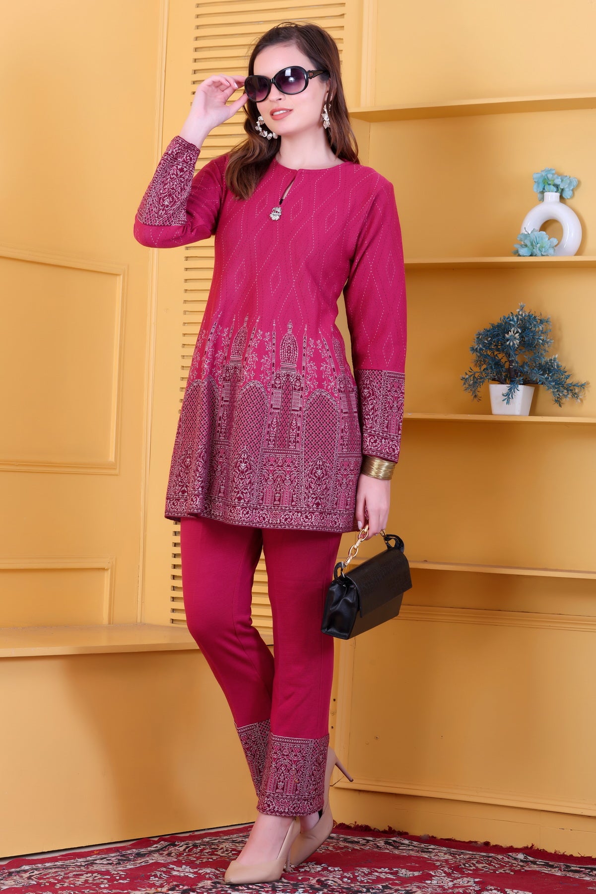 Hot Pink Knitted Woolen Winter Co-ord Set for Women | Diamond Knit Top & Bottom with Detailed Woven Border