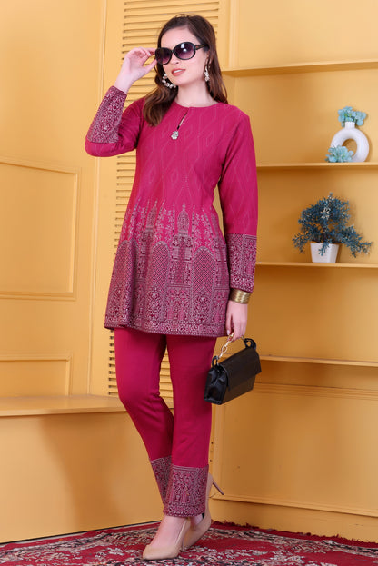 Hot Pink Knitted Woolen Winter Co-ord Set for Women | Diamond Knit Top & Bottom with Detailed Woven Border