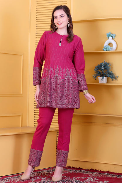 Hot Pink Knitted Woolen Winter Co-ord Set for Women | Diamond Knit Top & Bottom with Detailed Woven Border