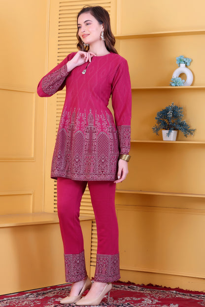 Hot Pink Knitted Woolen Winter Co-ord Set for Women | Diamond Knit Top & Bottom with Detailed Woven Border
