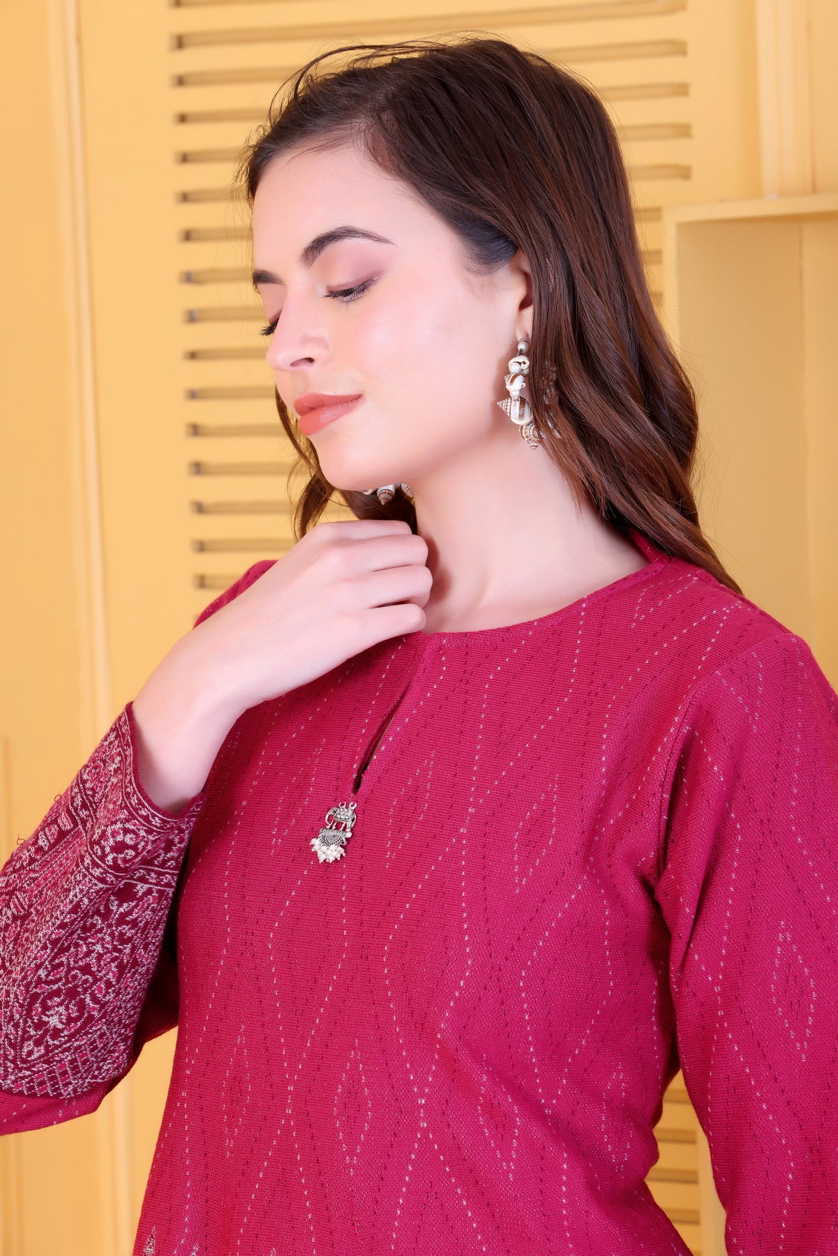 Hot Pink Knitted Woolen Winter Co-ord Set for Women | Diamond Knit Top & Bottom with Detailed Woven Border