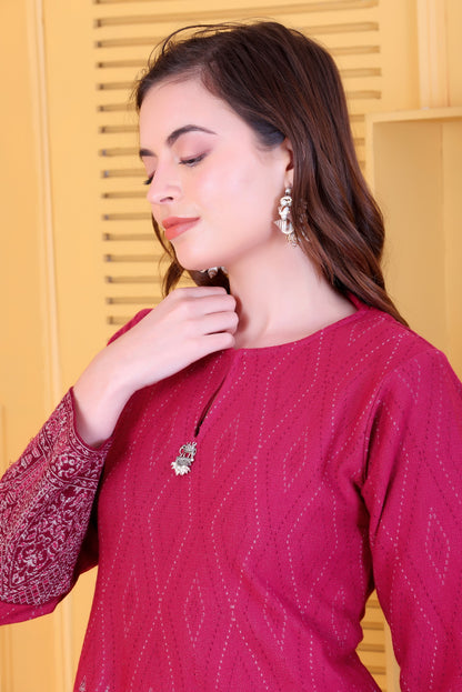 Hot Pink Knitted Woolen Winter Co-ord Set for Women | Diamond Knit Top & Bottom with Detailed Woven Border