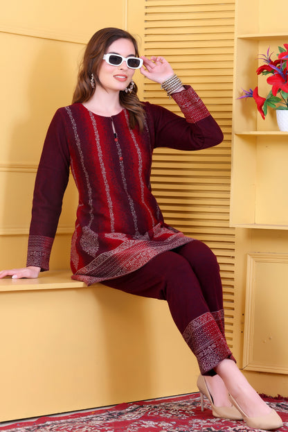 Rich Maroon & Red Ombre Knitted Woolen Winter Co-ord Set for Women | Vertical Stripe & Floral Motif Design
