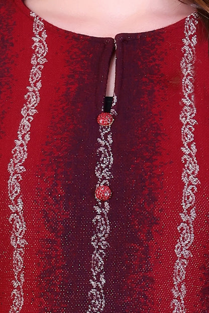 Rich Maroon & Red Ombre Knitted Woolen Winter Co-ord Set for Women | Vertical Stripe & Floral Motif Design