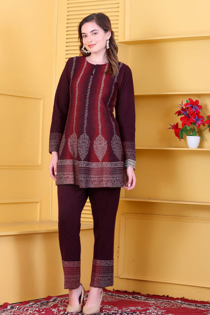 Rich Maroon & Red Ombre Knitted Woolen Winter Co-ord Set for Women | Vertical Stripe & Floral Motif Design
